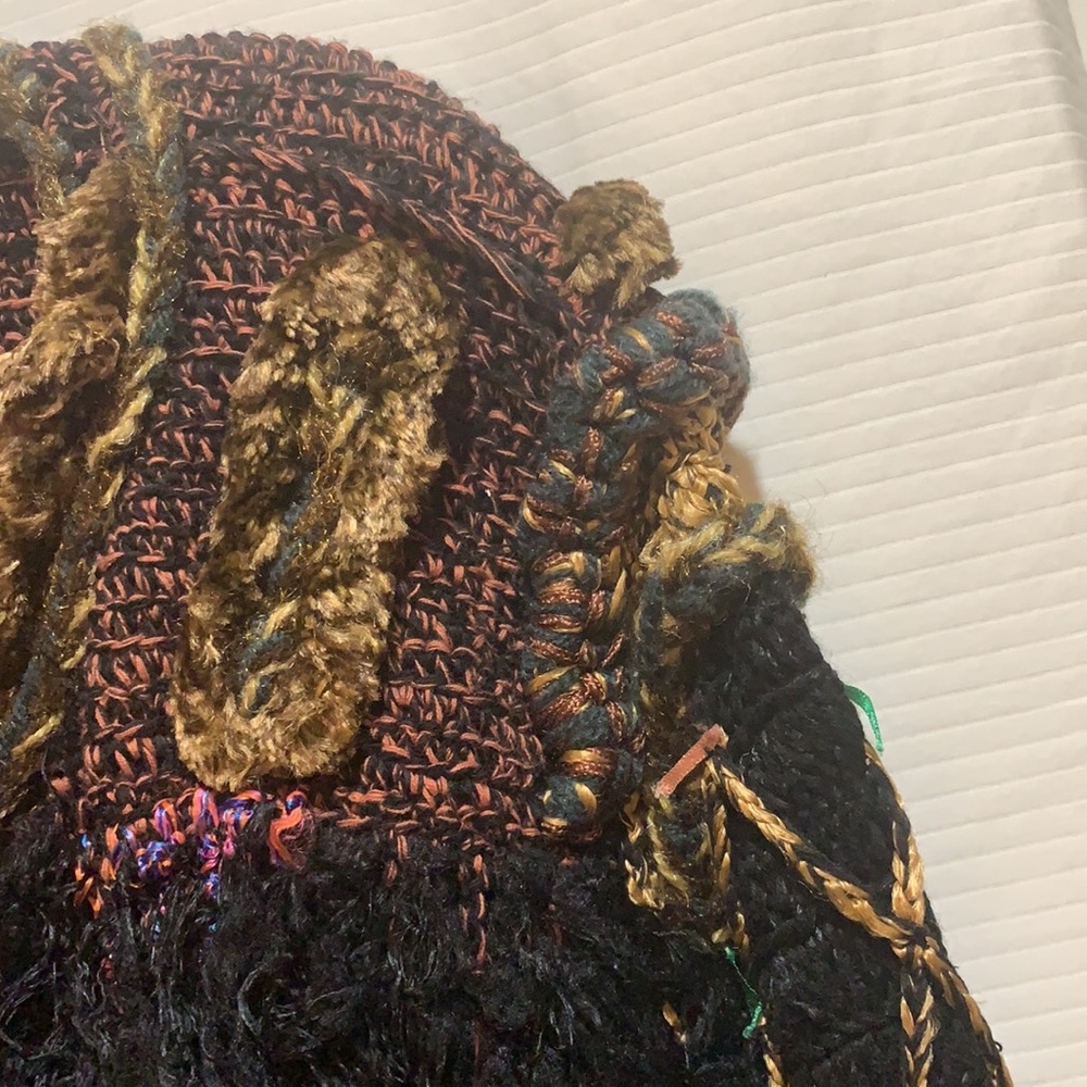 RARE/UNIQUE VINTAGE FLASHBACK RETRO SZ L FUZZY KNIT JACKET:BLACK/MULTI+ FRINGE - Picture 6 of 12
